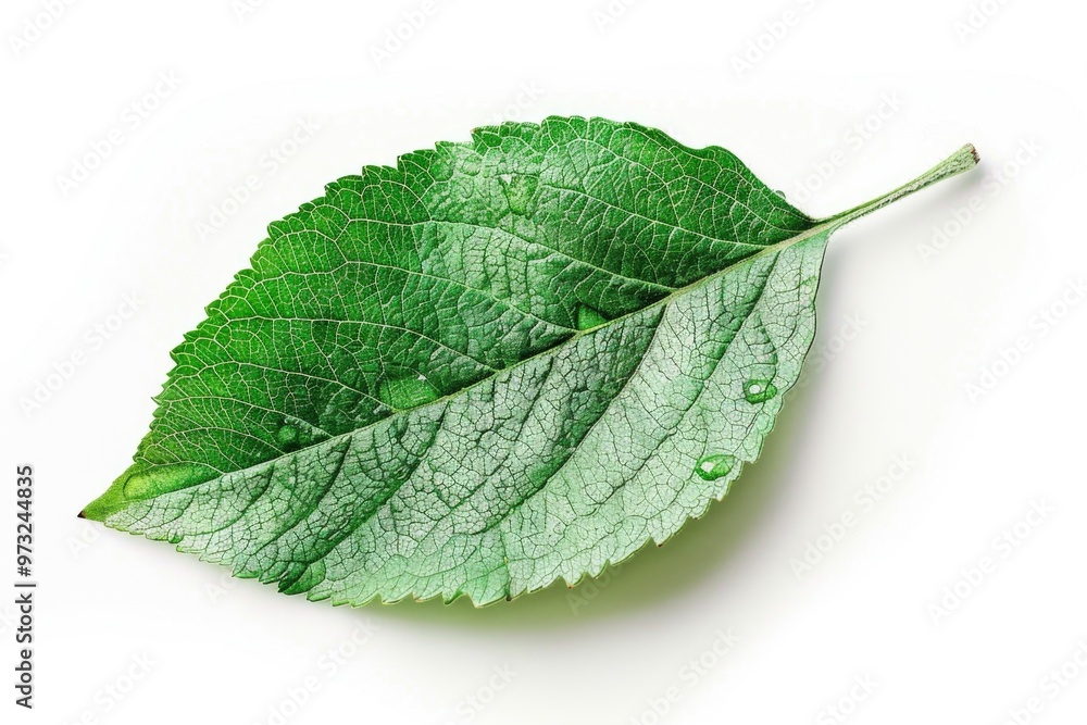 Obraz premium A single green leaf with water droplets glistening on its surface