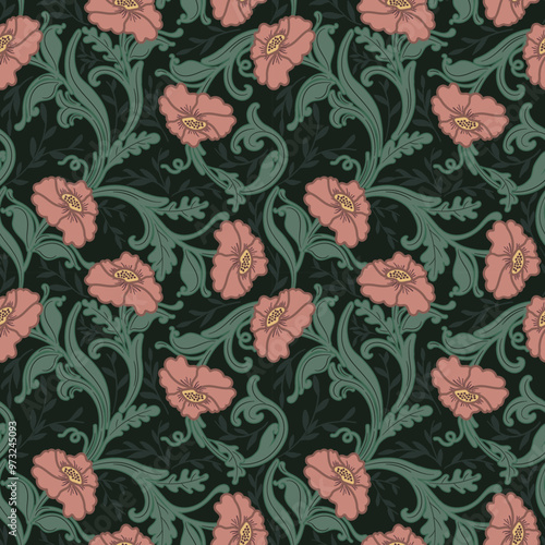 Moody dark academia type seamless floral pattern, with an arts and crafts style, great for fashion, stationery, scarves, accessories, presentation, quilting, backgrounds, scrap booking, pink flowers