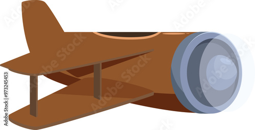 Cartoon biplane flying in the sky, side view of vintage plane with propeller