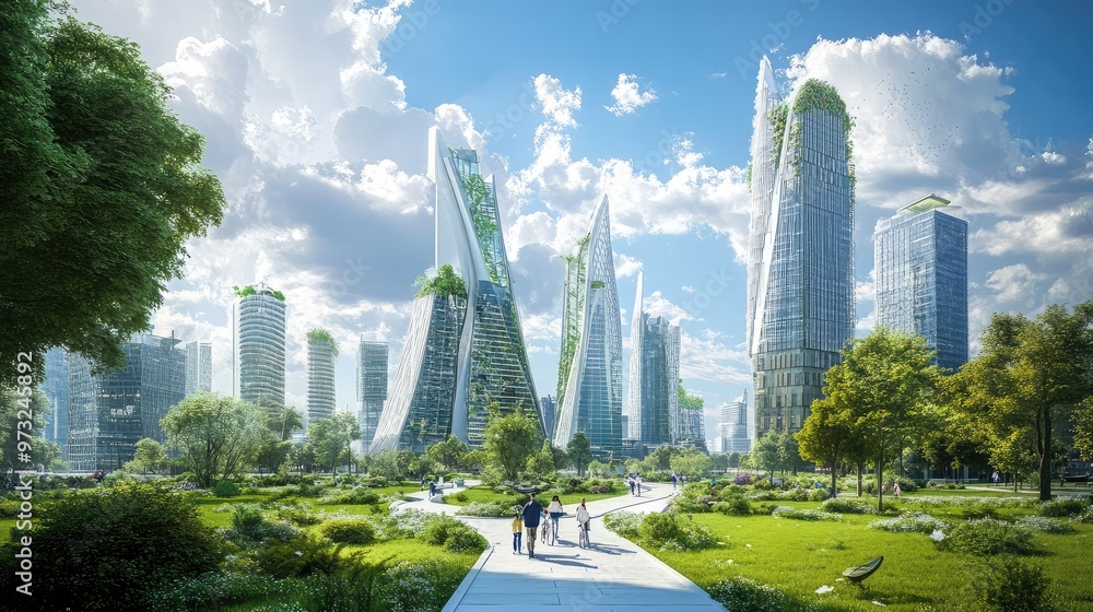 Fototapeta premium A zero-emission city with wide pedestrian lanes, bike-sharing stations, and energy-efficient skyscrapers.