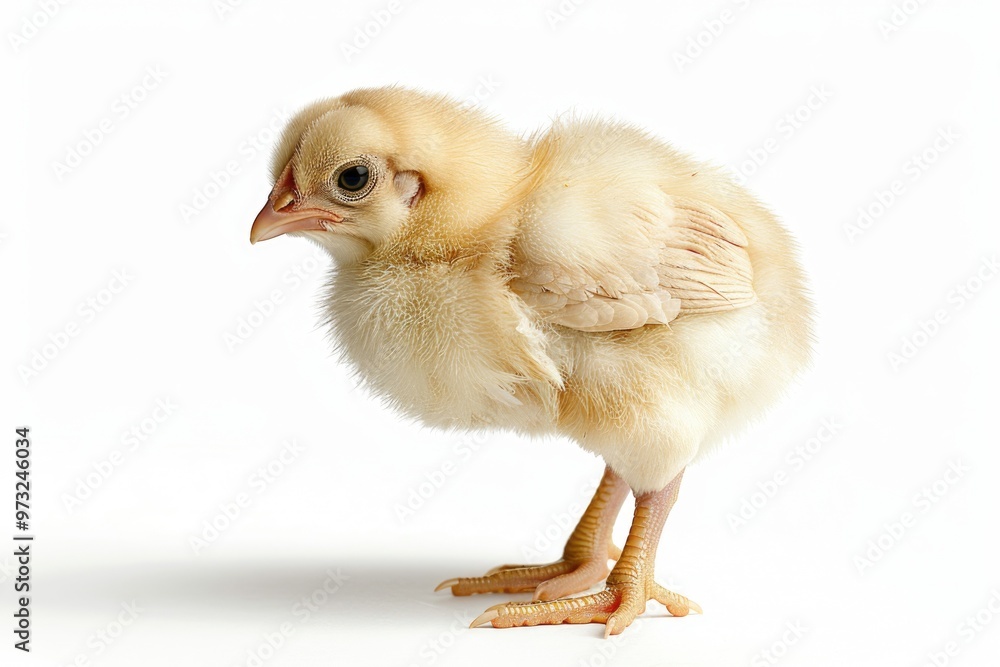 Fototapeta premium A small chicken stands on a white surface