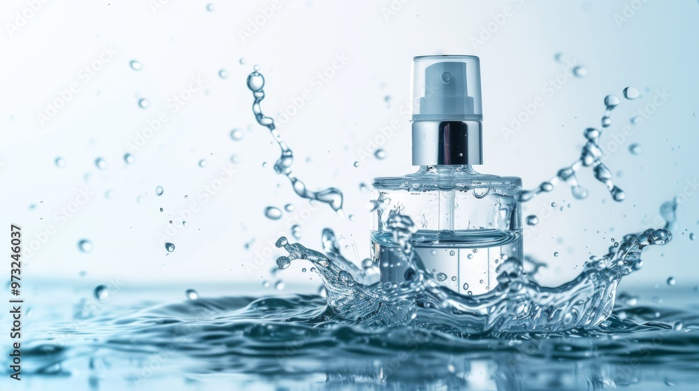 Clear serum bottle with water splash on white background, Close-up photo with clean background Clear serum bottle with water splash on white background, Close-up photo with clean background