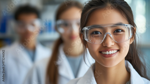 Asian and caucasian students in a chemistry lab, wearing labcoat and protective safety glasses. High school student during classes in biochemistry classes. Engineering study. Talented smart female stu