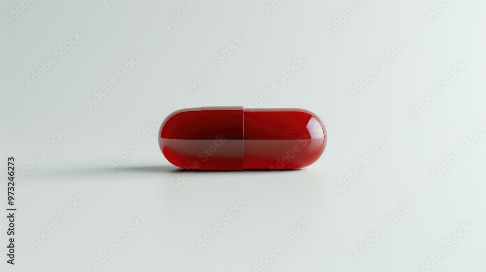 A single red pill sits on a white surface, ready for use A single red pill sits on a white surface, ready for use