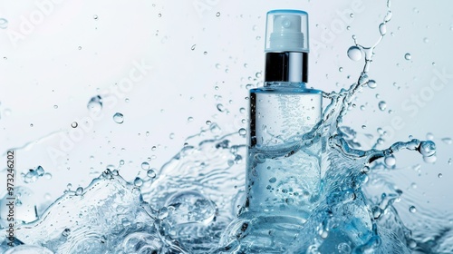 Clear serum bottle with water splash on white background, Close-up photo with clean background