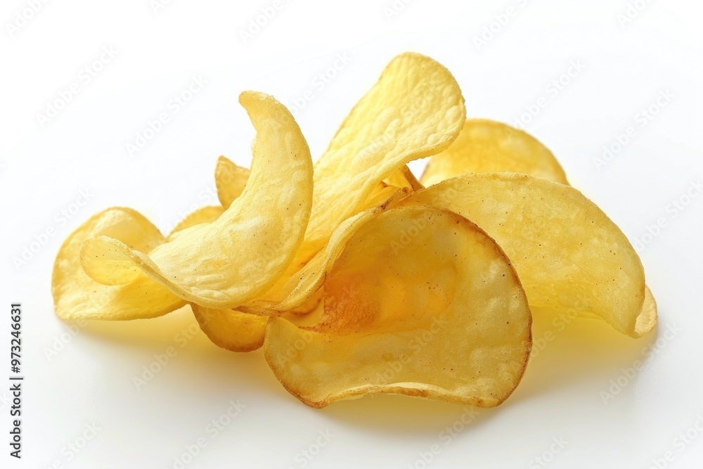 A stack of crispy potato chips on a white background, perfect for food and snack photography A stack of crispy potato chips on a white background, perfect for food and snack photography