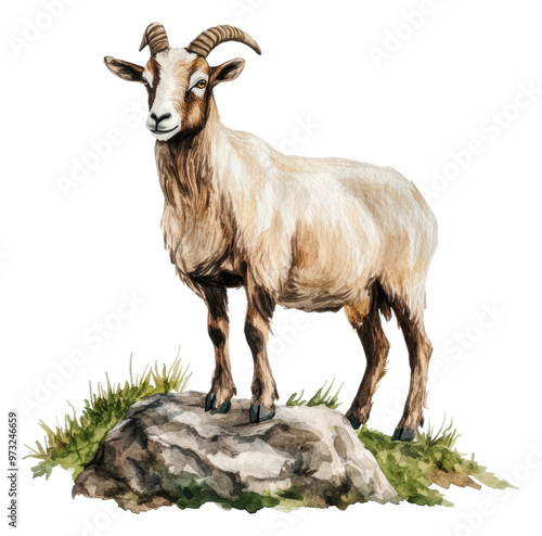 PNG Goat standing on a rock in a grassy area