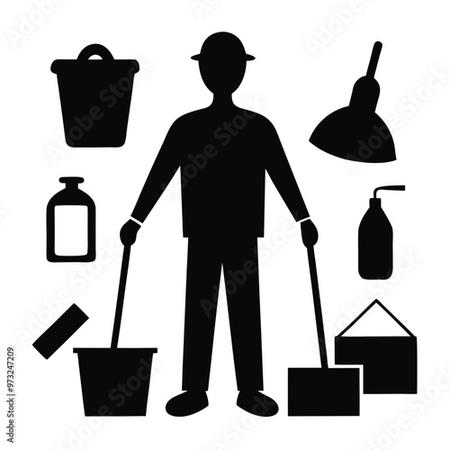 Silhouette man cleaning icon with assorted items.