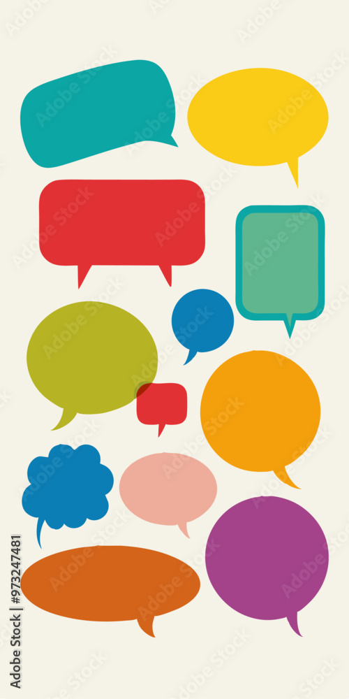 A set of colorful speech bubbles in various shapes and sizes, perfect for adding a playful and communicative touch to your designs. These versatile graphics are ideal for creating dialogue boxes. A set of colorful speech bubbles in various shapes and sizes, perfect for adding a playful and communicative touch to your designs. These versatile graphics are ideal for creating dialogue boxes.