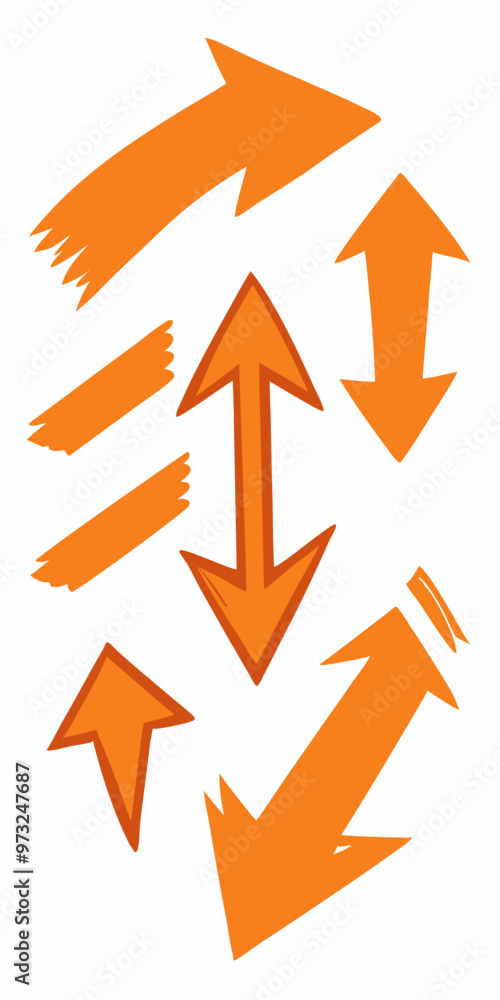 A set of hand-drawn orange arrows pointing in different directions, perfect for adding a touch of whimsy and direction to your designs. These versatile arrows are ideal for presentations. A set of hand-drawn orange arrows pointing in different directions, perfect for adding a touch of whimsy and direction to your designs. These versatile arrows are ideal for presentations.
