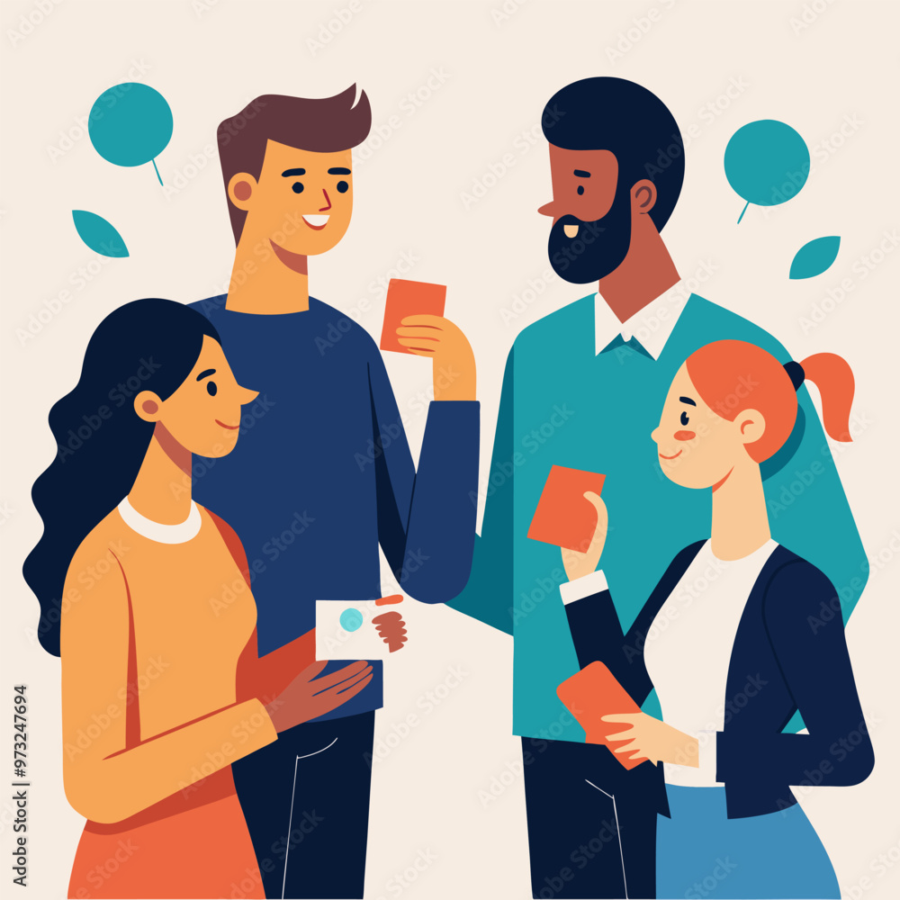 A diverse group of four people stand together, holding cards and engaging in a lively conversation. The illustration captures the essence of teamwork, communication. A diverse group of four people stand together, holding cards and engaging in a lively conversation. The illustration captures the essence of teamwork, communication.
