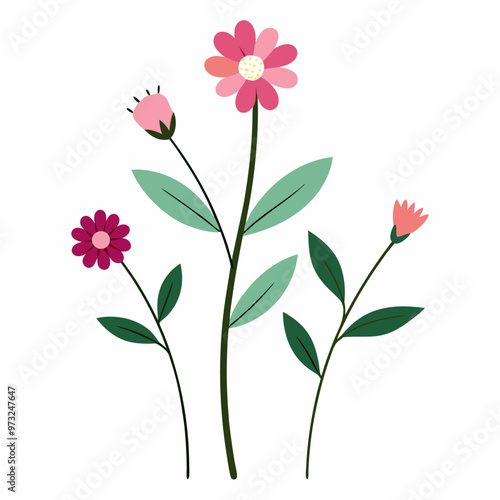 A simple and charming illustration of three pink flowers with green leaves, perfect for adding a touch of nature to your designs. This delicate and whimsical graphic is ideal for cards, invitations.