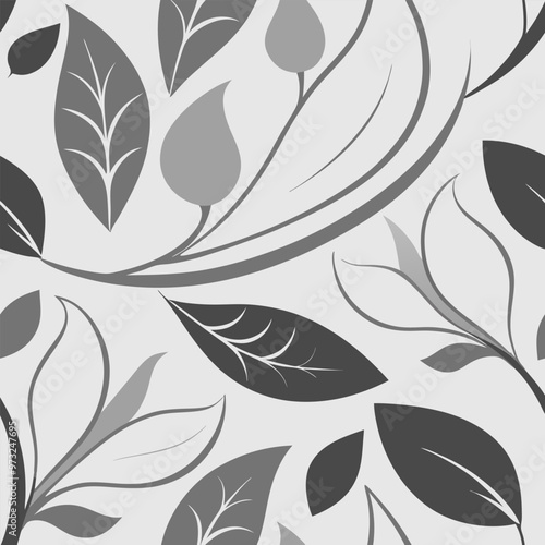 A seamless pattern featuring elegant gray leaves and floral elements, perfect for adding a touch of sophistication to your designs. This versatile pattern is ideal for backgrounds, textiles.