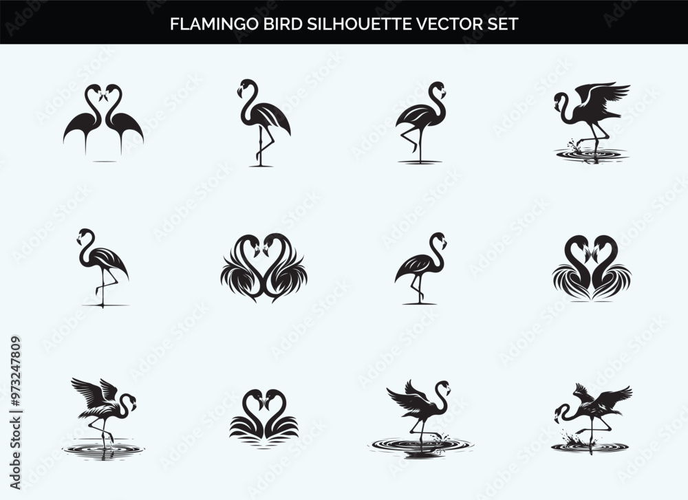 Black Silhouette of Flamingo Bird - Editable Vector on Transparent Background Black Silhouette of Flamingo Bird - Editable Vector on Transparent Background