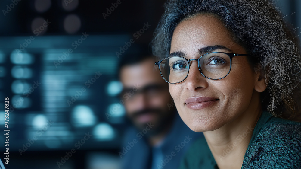 A hyper-realistic image of Indian technology engineers smiling and collaborating in a modern office, with cloud computing elements and digital data streams displayed in the backgro A hyper-realistic image of Indian technology engineers smiling and collaborating in a modern office, with cloud computing elements and digital data streams displayed in the backgro