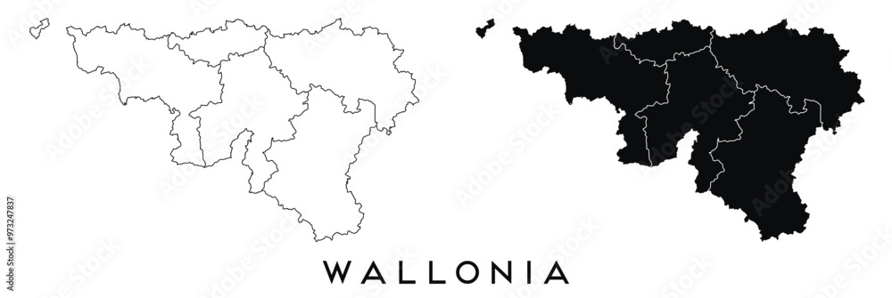 Obraz premium Wallonia map of regions districts vector black on white and outline