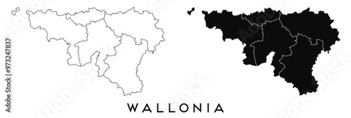 Wallonia map of regions districts vector black on white and outline