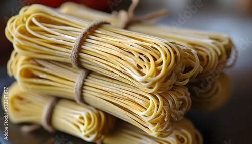 Elegant bundle of dry spaghetti noodles artfully tied together photo