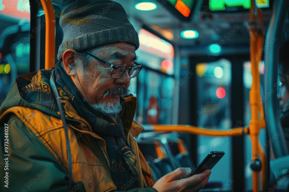 A person sitting on a bus staring at their mobile device A person sitting on a bus staring at their mobile device