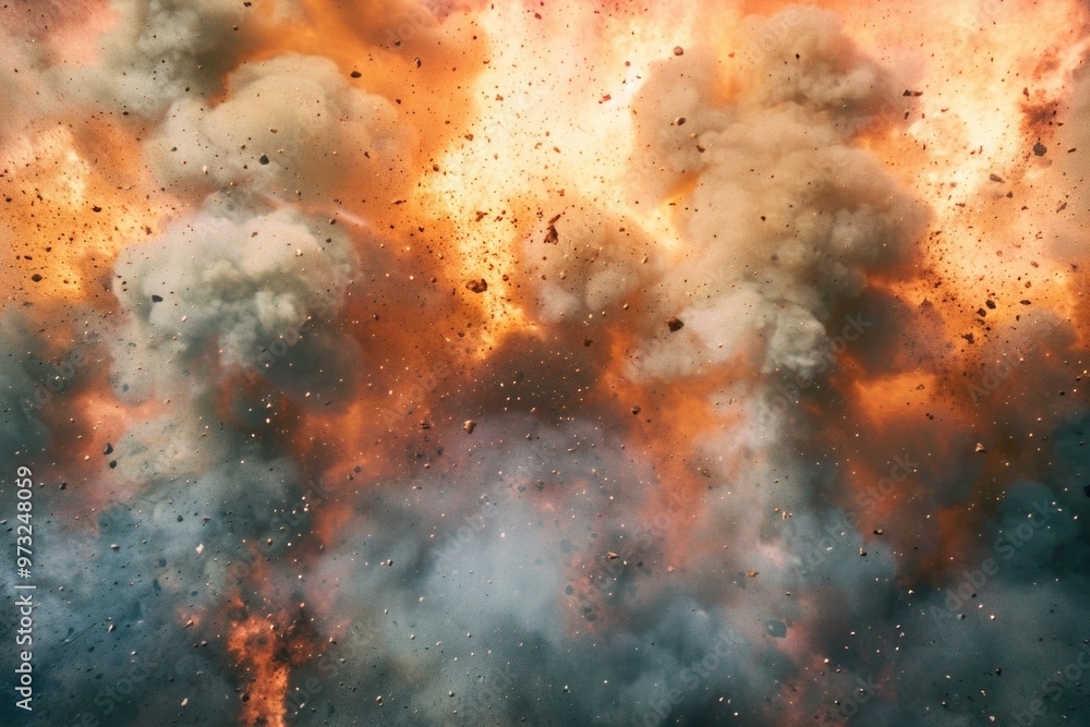 A plane flies through a thick cloud of smoke with a fiery glow A plane flies through a thick cloud of smoke with a fiery glow