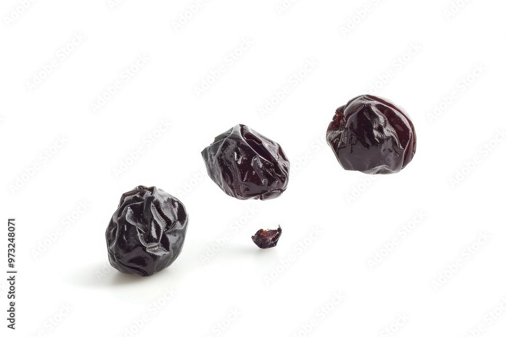 A group of dried plums sitting on a white surface, great for food or still life photography A group of dried plums sitting on a white surface, great for food or still life photography