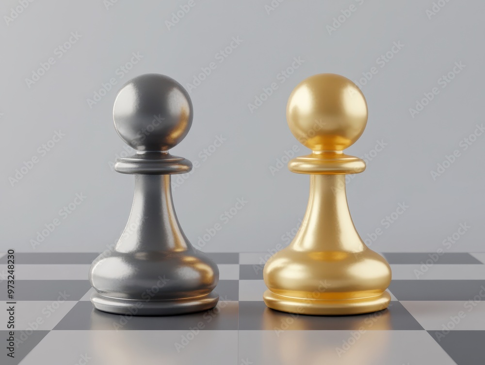 Elegant Gold and Gray Chess Pawns on Minimalistic Chessboard Background Elegant Gold and Gray Chess Pawns on Minimalistic Chessboard Background