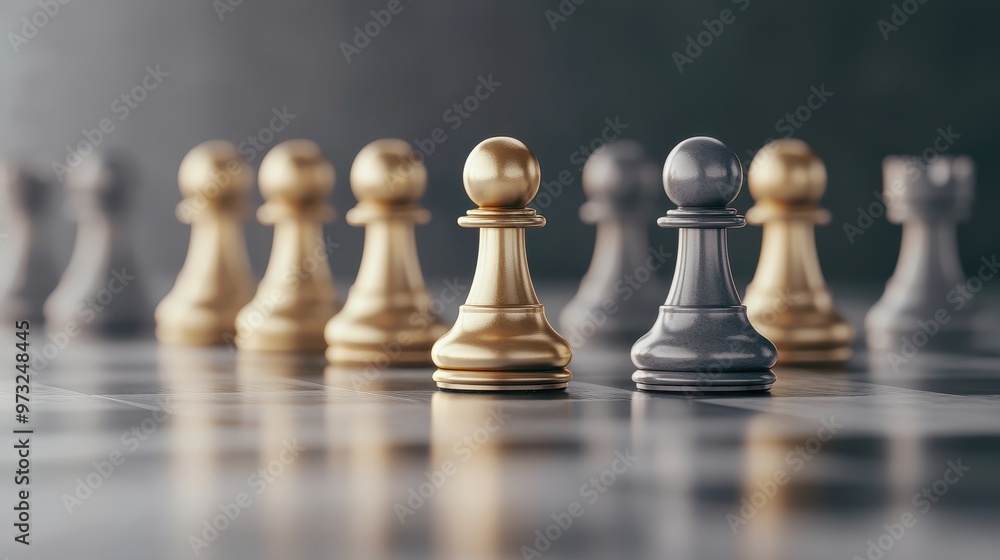 Strategic Elegance - Gold and Gray Chess Pawns on Minimalist Gradient Background for Artistic Design Strategic Elegance - Gold and Gray Chess Pawns on Minimalist Gradient Background for Artistic Design