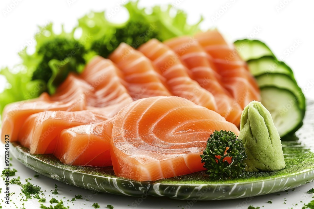 Fresh salmon served with mixed vegetables on a white surface Fresh salmon served with mixed vegetables on a white surface