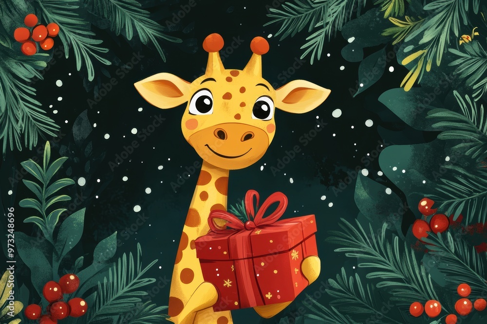 Naklejka premium holiday giraffe illustration, a holiday-themed giraffe with a gift under mistletoe, an illustration perfect for greeting cards or banners