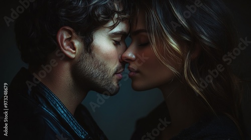 A man and woman are kissing each other's lips. The man is wearing a black jacket and the woman is wearing a black dress. Scene is romantic and intimate