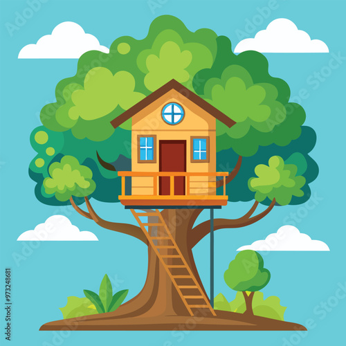 Children wooden house on oak. Tree with ladder and kid tree-house