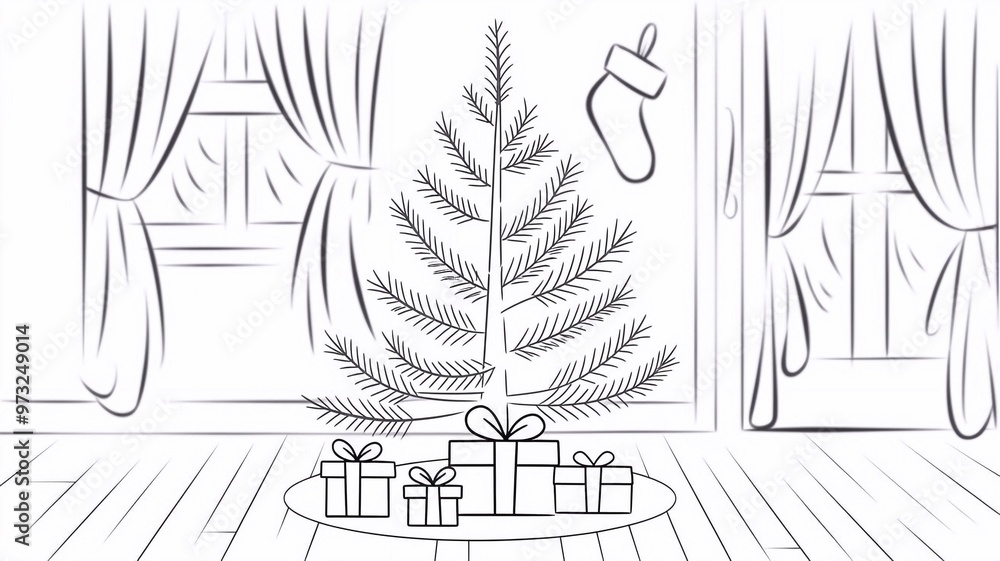 Obraz premium Coloring pages for children, Christmas tree and gifts. Black contour contour drawing of kindergarten