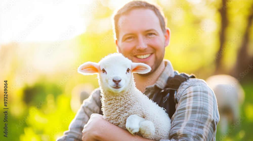 Portrait of Man Holding Lamb. A smiling man holds a lamb in a sunny rural setting. Ideal for agriculture events, spring promotions, or family-themed designs. Portrait of Man Holding Lamb. A smiling man holds a lamb in a sunny rural setting. Ideal for agriculture events, spring promotions, or family-themed designs.