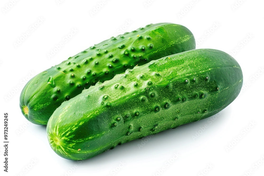 Two fresh green cucumbers sit on a clean white surface Two fresh green cucumbers sit on a clean white surface