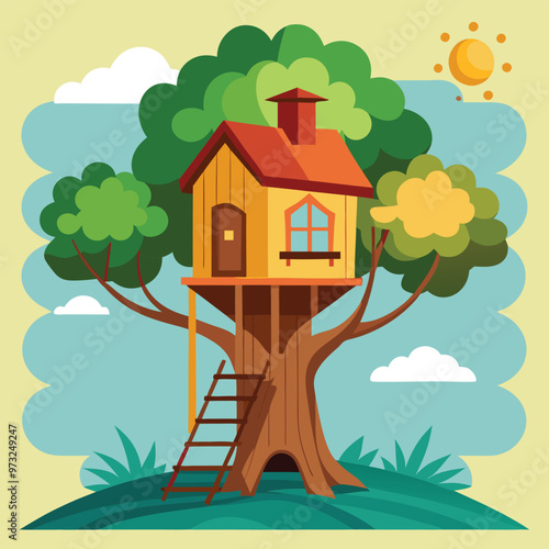 Children wooden house on oak. Tree with ladder and kid tree-house