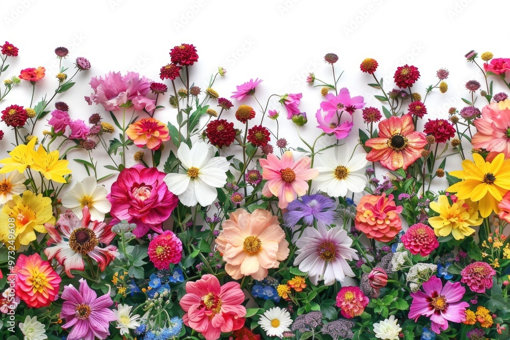 Fresh and vibrant flowers arranged on a clean white surface, great for designs and illustrations Fresh and vibrant flowers arranged on a clean white surface, great for designs and illustrations