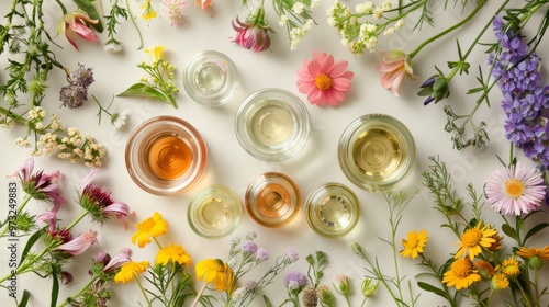 Collection of wildflower extracts in clear containers surrounded by fresh flowers Close-up photo with clean background