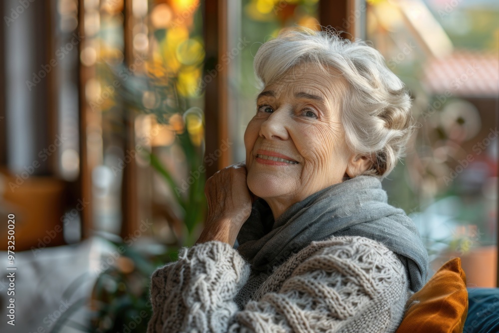 A senior woman sits comfortably on a couch in a cozy living room A senior woman sits comfortably on a couch in a cozy living room