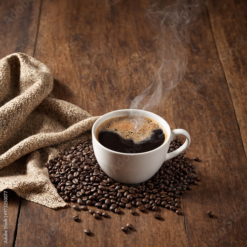 A cup of a hot coffee on dark wooden background