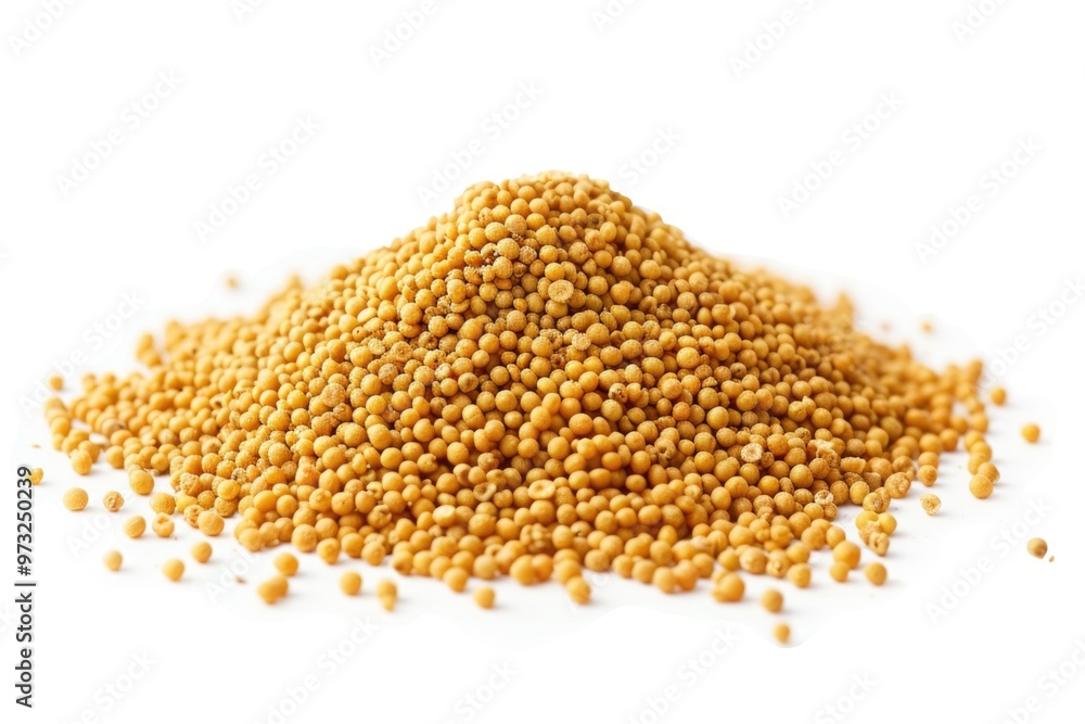 A pile of mustard seeds on a white surface, great for illustration or decorative purposes A pile of mustard seeds on a white surface, great for illustration or decorative purposes
