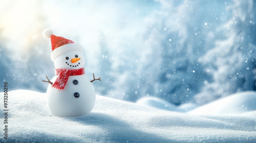 A joyful snowman adorned with a red scarf and hat enjoys the peaceful snowy landscape A joyful snowman adorned with a red scarf and hat enjoys the peaceful snowy landscape