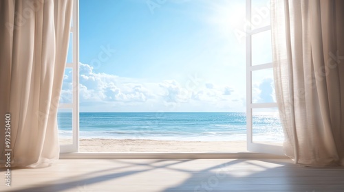 Open window with flowing curtains overlooking a tranquil beach and calm sea under a bright, clear sky with sunlight creating a serene scene.