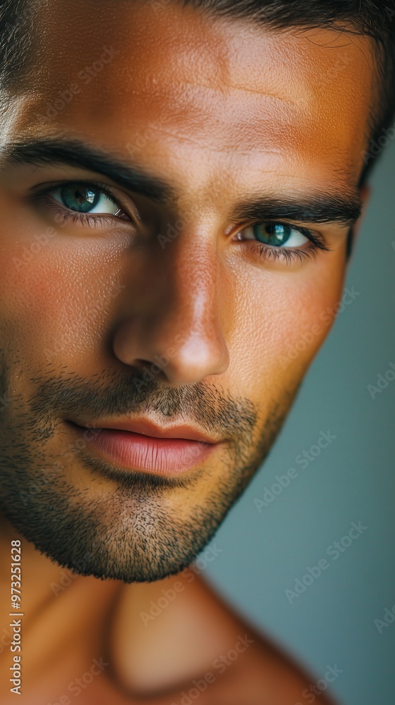 Fototapeta premium Close-up of a young man with striking blue eyes and well-groomed facial hair showcasing confidence and charisma indoors