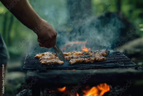 Close up of mans hand grilling food in forest