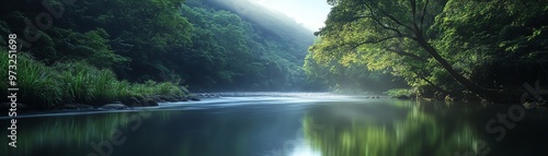 Serene river flowing through lush forest with rays of sunlight breaking through the trees, creating a tranquil and picturesque scene.