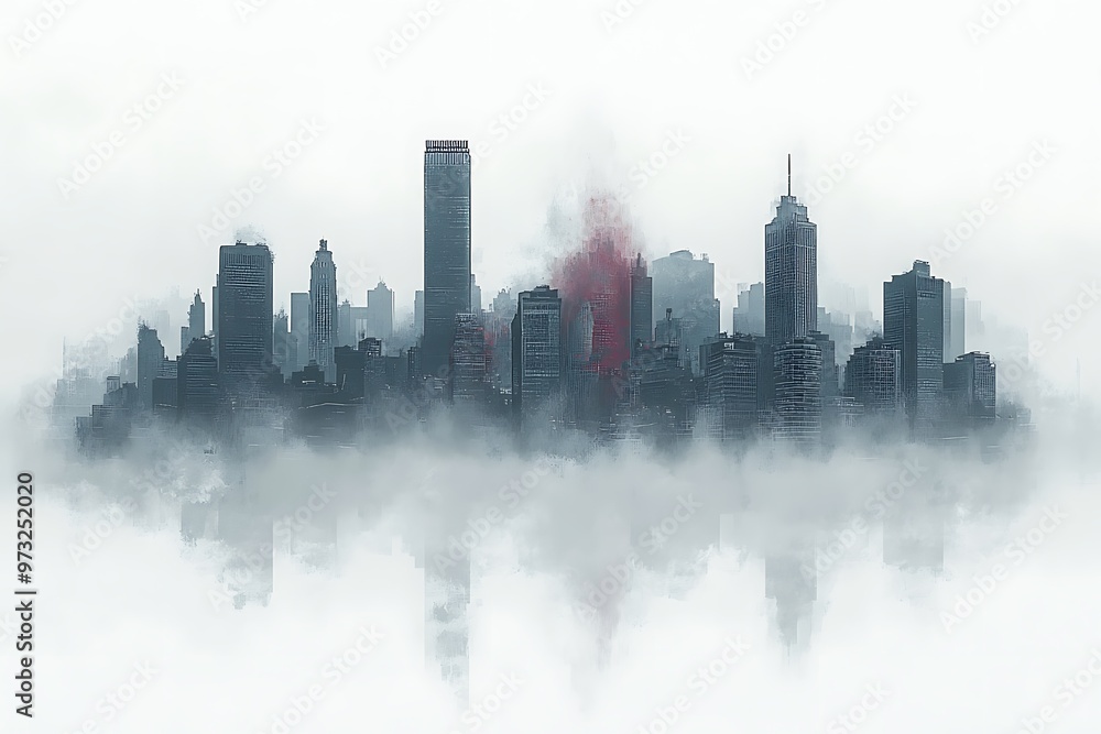 Fototapeta premium A lone city skyline shrouded in heavy snowfall and darkness