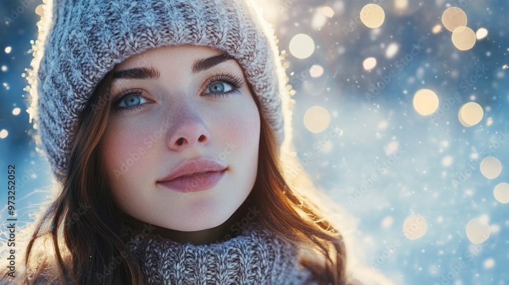 A woman wearing a hat and scarf is smiling at the camera. The image has a warm and cozy feeling, as if the woman is enjoying a winter day A woman wearing a hat and scarf is smiling at the camera. The image has a warm and cozy feeling, as if the woman is enjoying a winter day