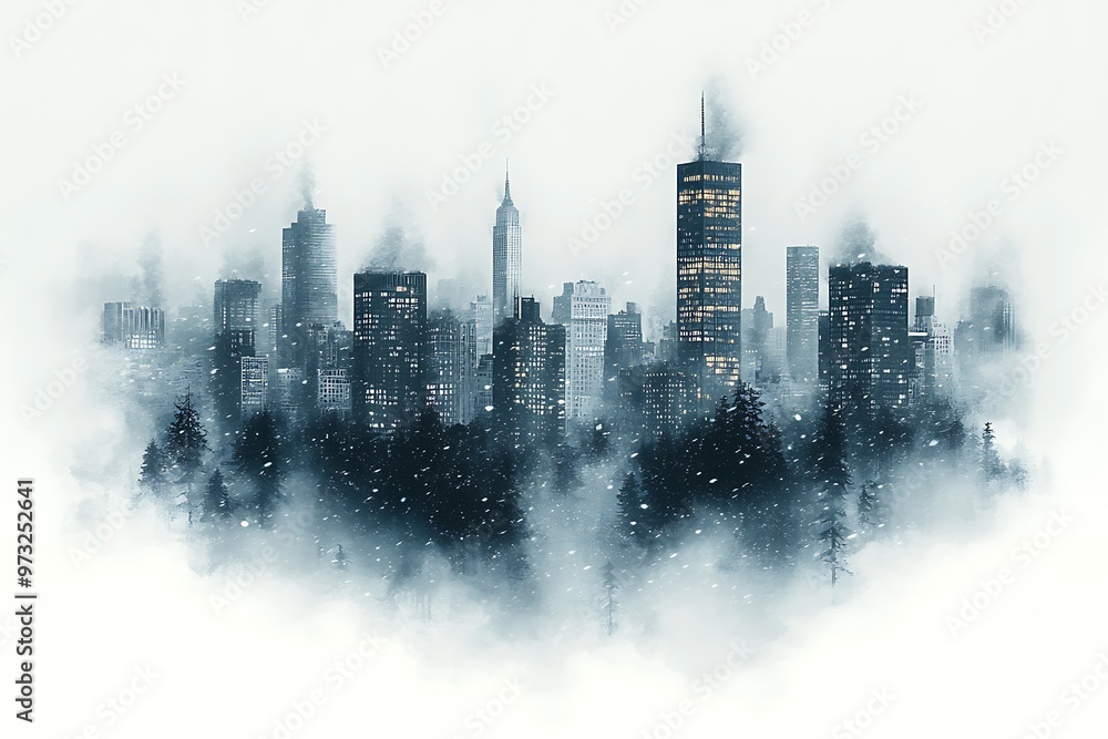 Fototapeta premium A lone city skyline engulfed in heavy snowfall and darkness