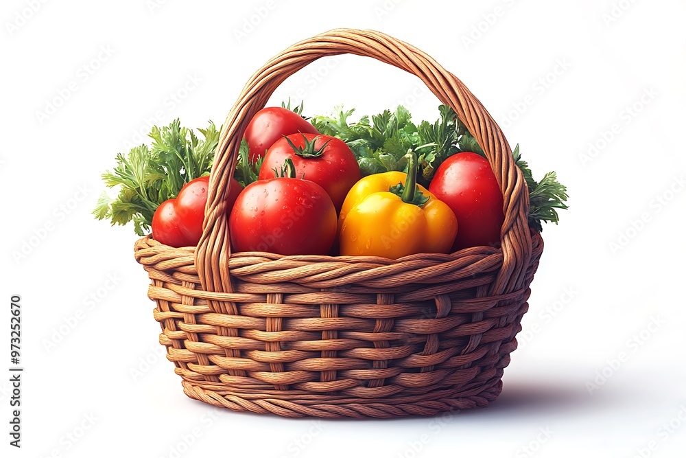 A basket overflowing with fresh garden vegetables on a white background A basket overflowing with fresh garden vegetables on a white background