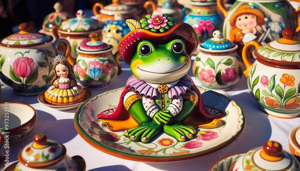 italienische Töpferwaren mit einem Froschkönig Motiv  auf einem Markt in Italien